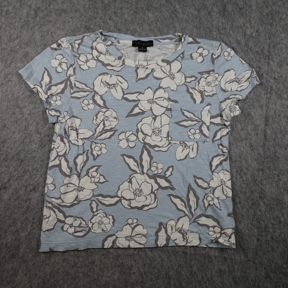 Sanctuary Top Women Medium Blue Floral Slub Knit Short Sleeve Pocket Coastal